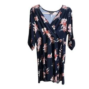 Beeches Brook Dress Women’s Size L Knit Wrap Black Floral Career Work Surplice